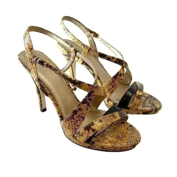 Fioni Strappy High Heel Sandals Snakeskin Tan Brown Faux Leather Size 7.5 - Picture 2 of 14